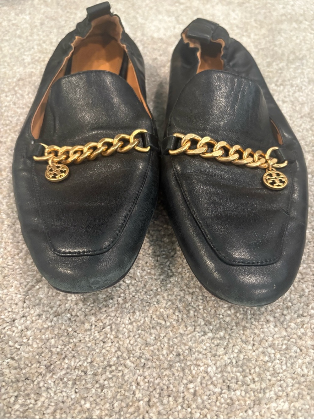 Tory Burch Black Leather Loafers with Gold Chain Accent - Picture 5 of 5